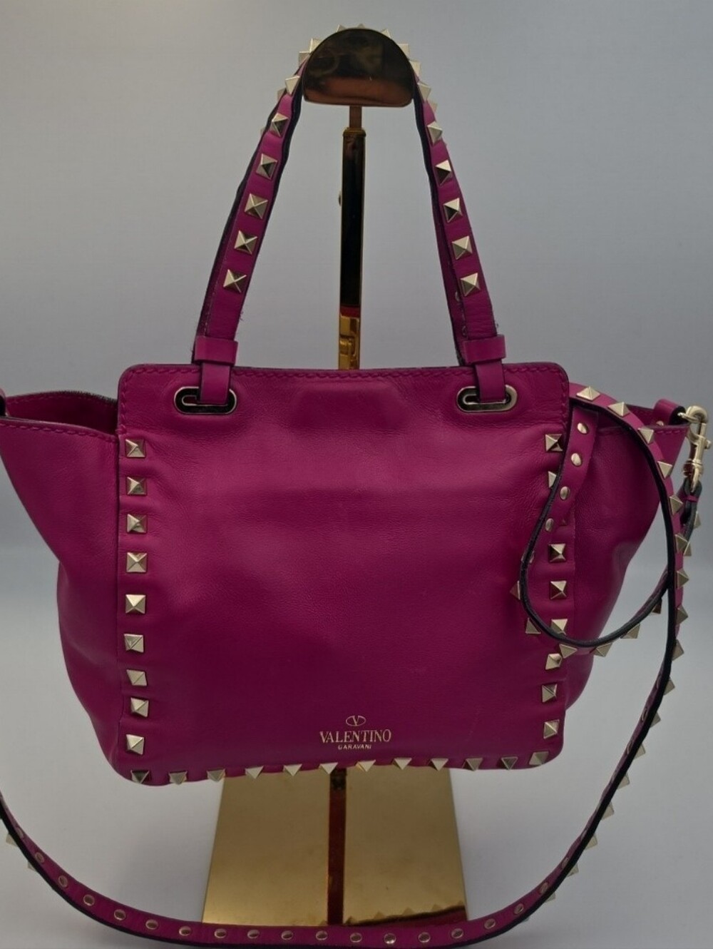 Valentino Garavani Fushia Rock Stud 2-Way Small Tote Gold Hardware (EUC)COA💖 - Picture 9 of 11
